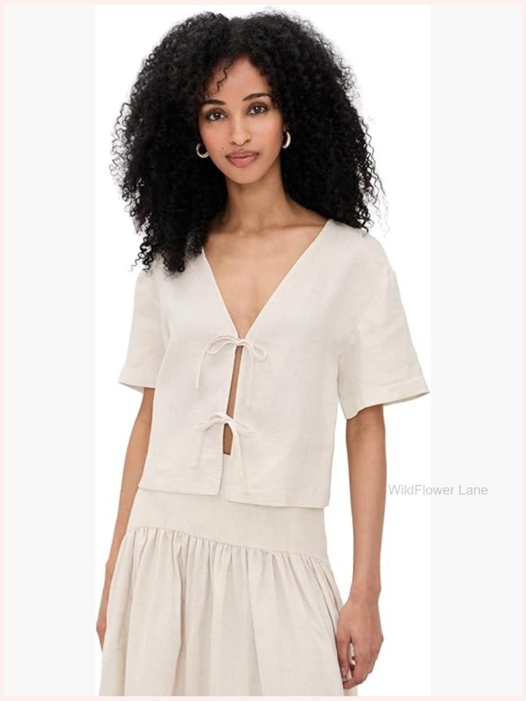 V-Neck Linen Tank Top With Front Ties